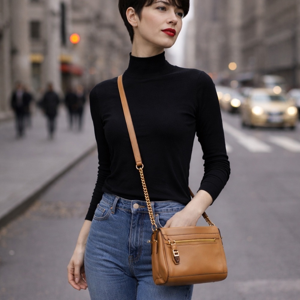 Rebecca Minkoff Tan Crossbody Bag with Gold chain strap